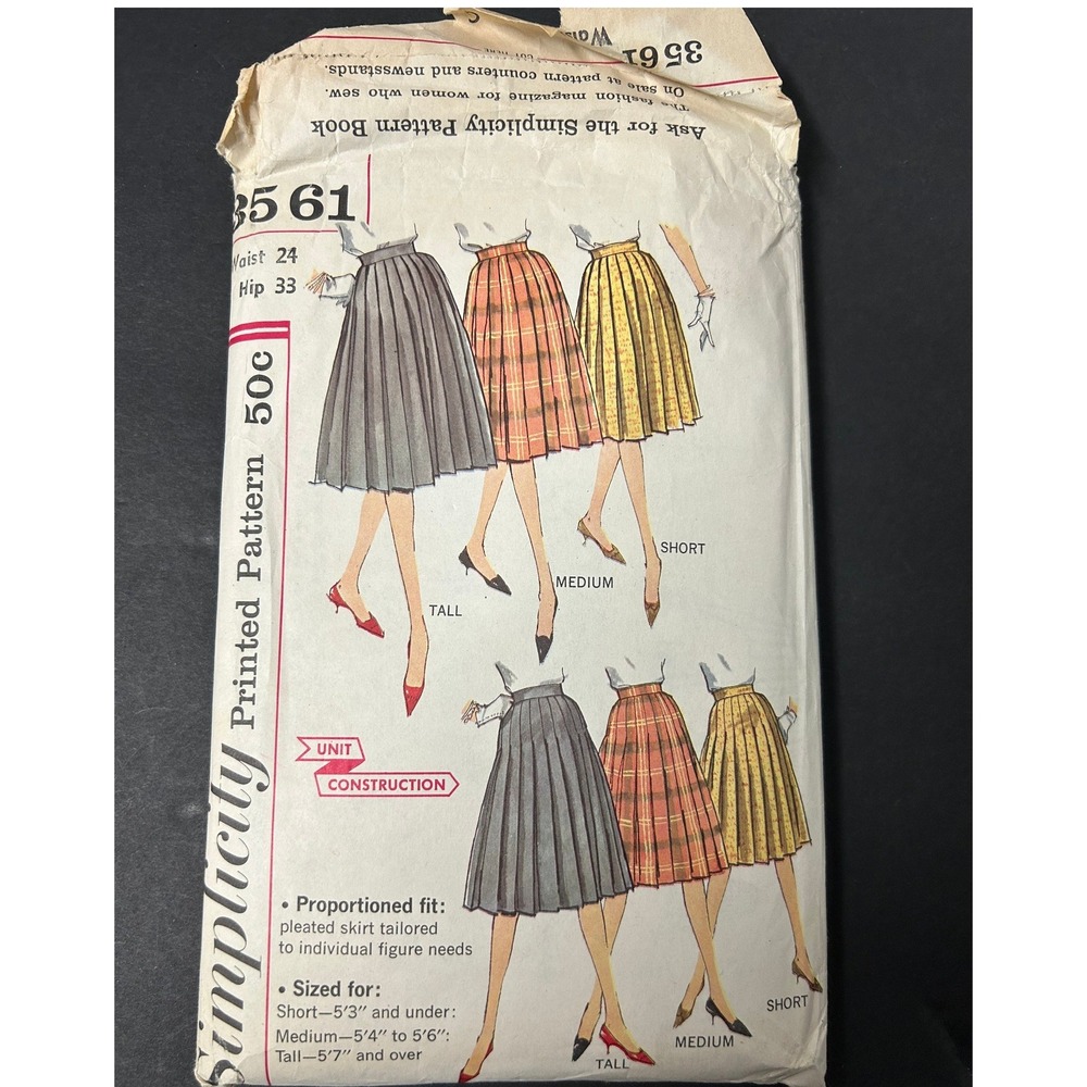 Vintage Simplicity 3561 Pleated Skirt Pattern Women Size 24 Waist Multi-Length
